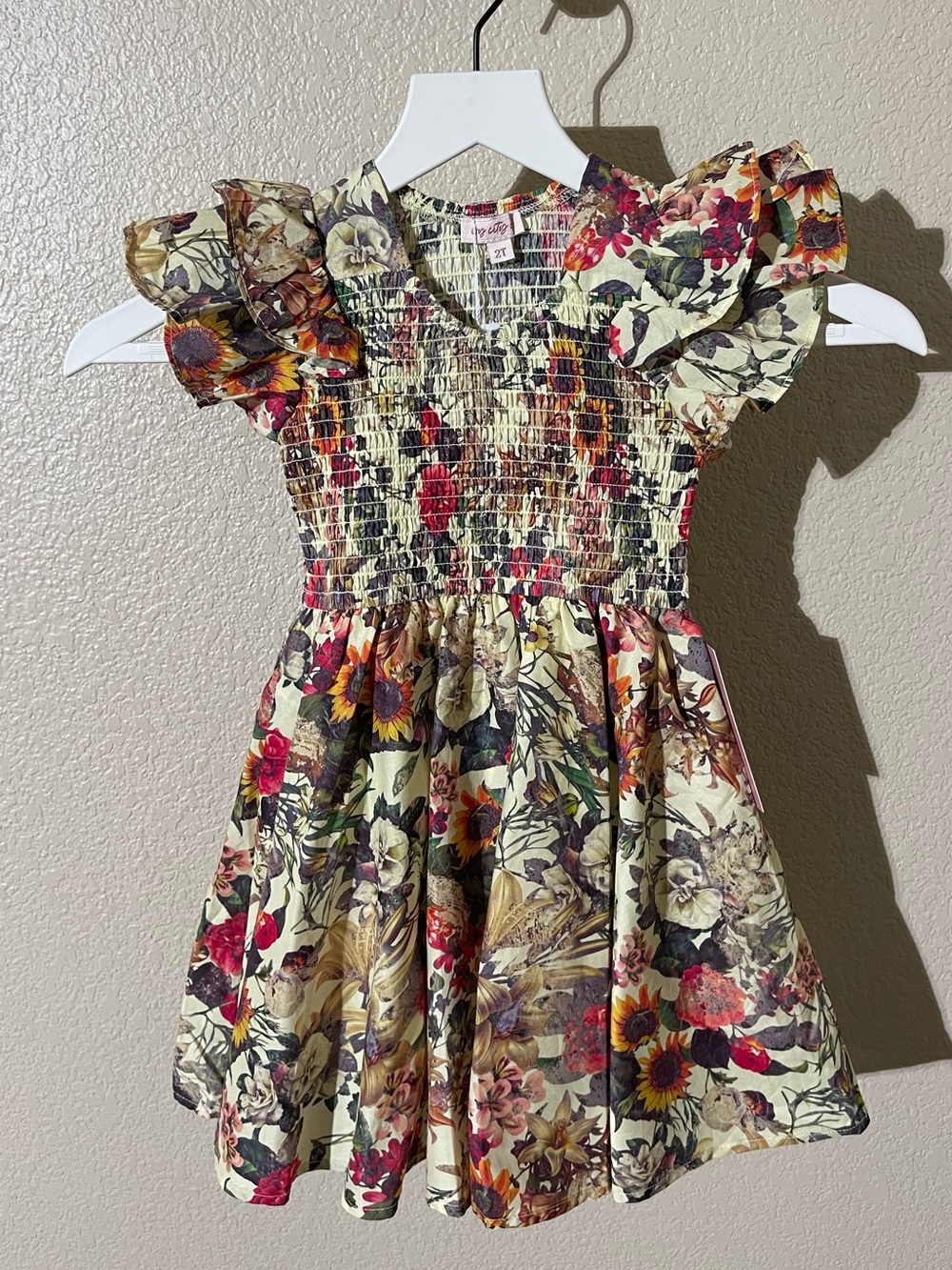 Floral Smocked Ruffle Sleeve Kids Dress - Cream Multi